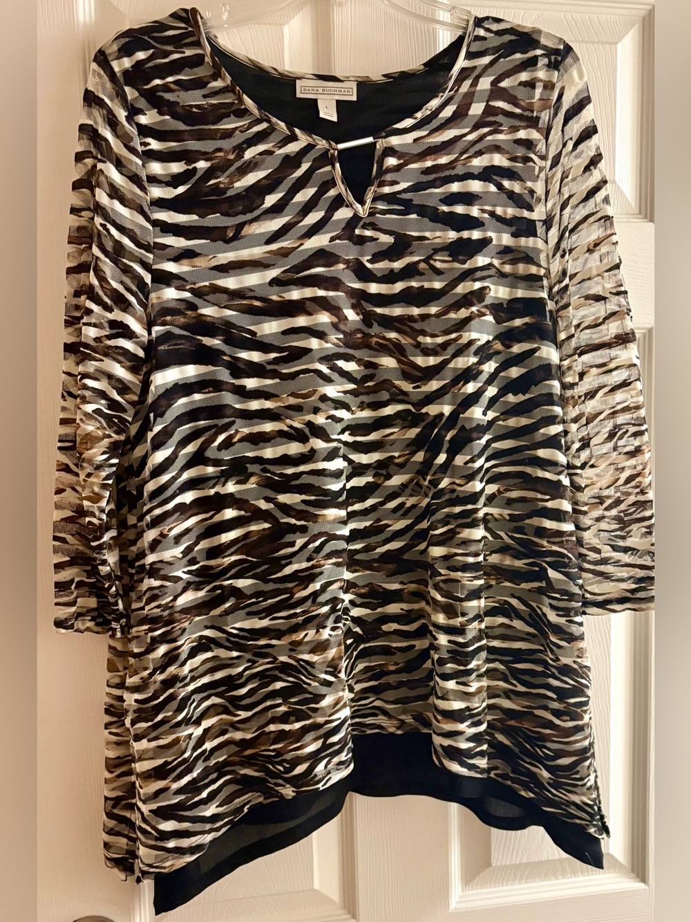 Dana Buchman Black and Brown Zebra-Print Tunic Top with sheer sleeves like new!!